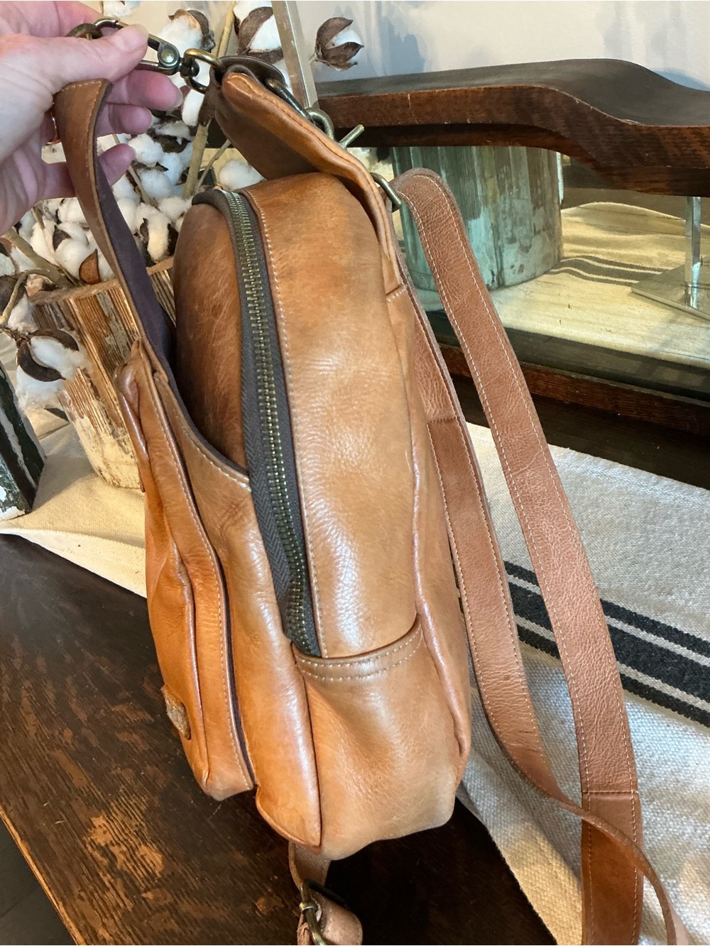 Bed Stu Leather Beau Unisex Backpack Sling Bag Tan Rustic MSRP $260 - Picture 5 of 14